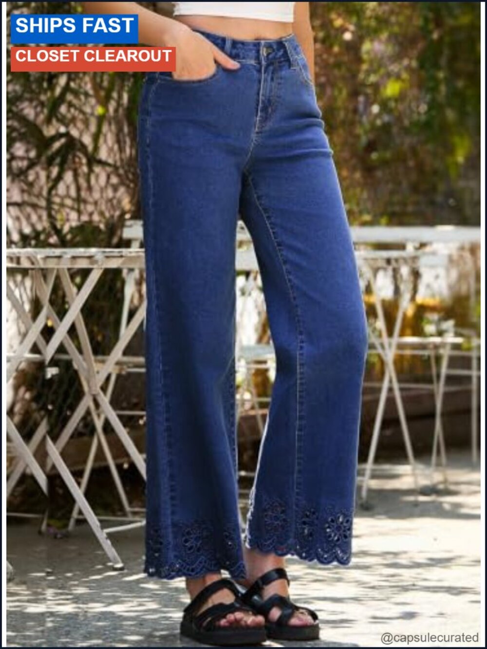 Wide Leg Embroidered Stretch Denim Jeans High Waist Ankle Cutout - Picture 4 of 6